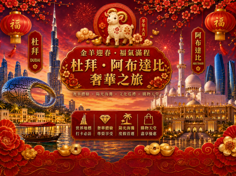 羊羊得意*金沙開春|阿聯酋賀歲杜拜阿布達比7日~阿提哈德塔登頂、六星亞特自助餐、全程五星酒店
