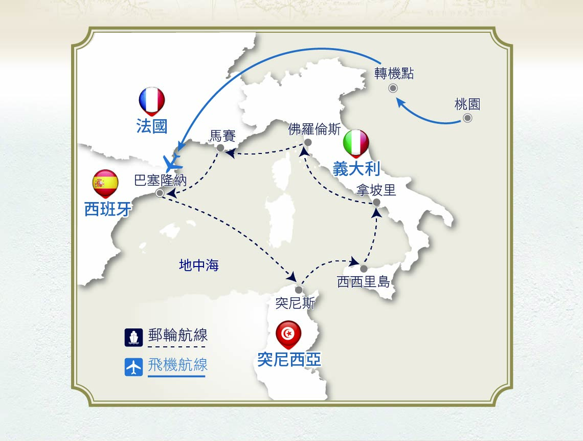 突尼斯、奎爾公園、拿波里、西西里島、馬賽