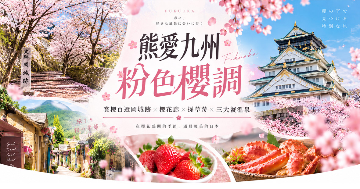 熊愛九州粉色櫻調岡城跡櫻花廊採草莓三大蟹5日(星宇)