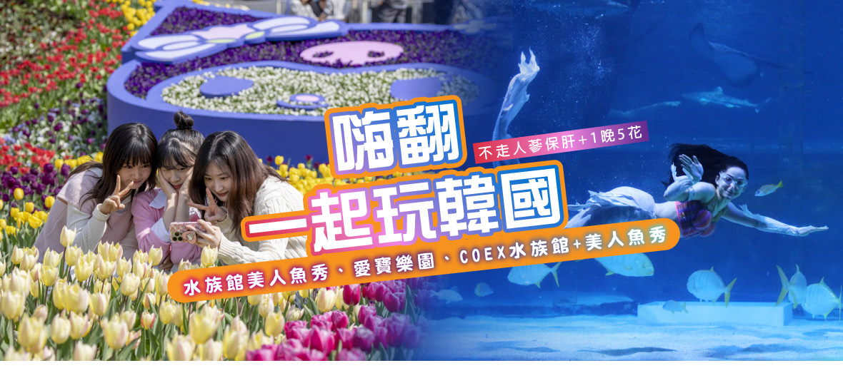 嗨翻暑假一起玩韓國5天(不走人蔘保肝 1晚5花)~水族館美人魚秀、愛寶樂園、COEX水族館 美人魚秀【德威台中】