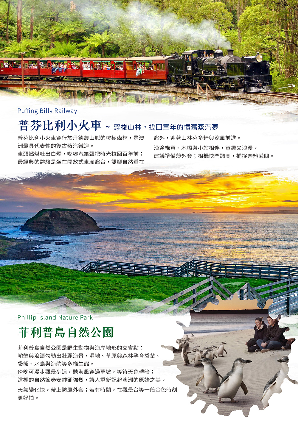 皇后碼頭遊船.歐雷利酒莊品酒 羊駝農場體驗.天堂鄉農莊 無尾熊拍照.雪梨 – 雪梨塔自助晚餐.藍山國家公園.雪梨灣黃昏遊船 晚餐.蒸汽火車   菲利普島企鵝.霍希爾巷（塗鴉巷）