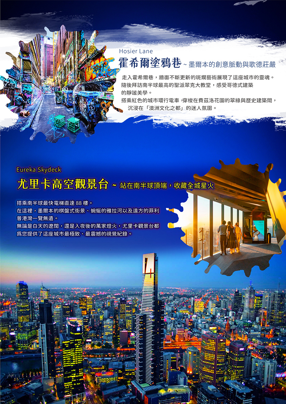 皇后碼頭遊船.歐雷利酒莊品酒 羊駝農場體驗.天堂鄉農莊 無尾熊拍照.雪梨 – 雪梨塔自助晚餐.藍山國家公園.雪梨灣黃昏遊船 晚餐.蒸汽火車   菲利普島企鵝.霍希爾巷（塗鴉巷）