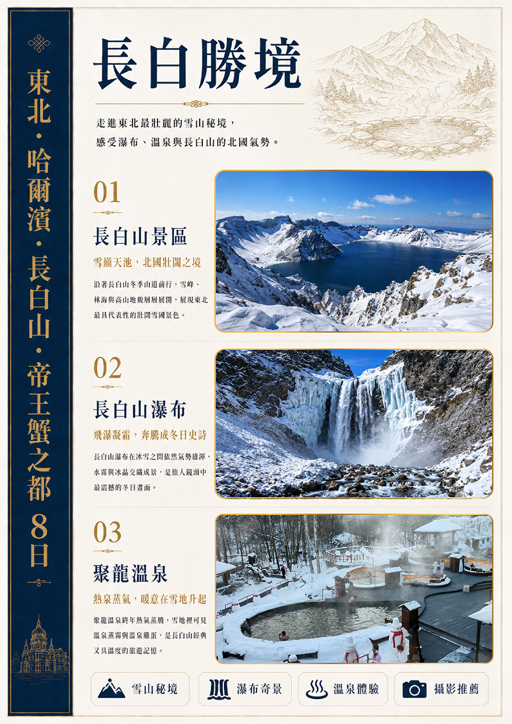 東北.哈爾濱.長白山.帝王蟹.防川風景區 東方第一村.聚龍溫泉.巴普洛夫城堡(品冰杯伏特加酒）.松花江纜車.東北虎林園（驚險車）外觀鳥巢 水立方