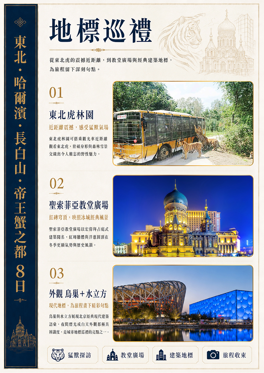 東北.哈爾濱.長白山.帝王蟹.防川風景區 東方第一村.聚龍溫泉.巴普洛夫城堡(品冰杯伏特加酒）.松花江纜車.東北虎林園（驚險車）外觀鳥巢 水立方
