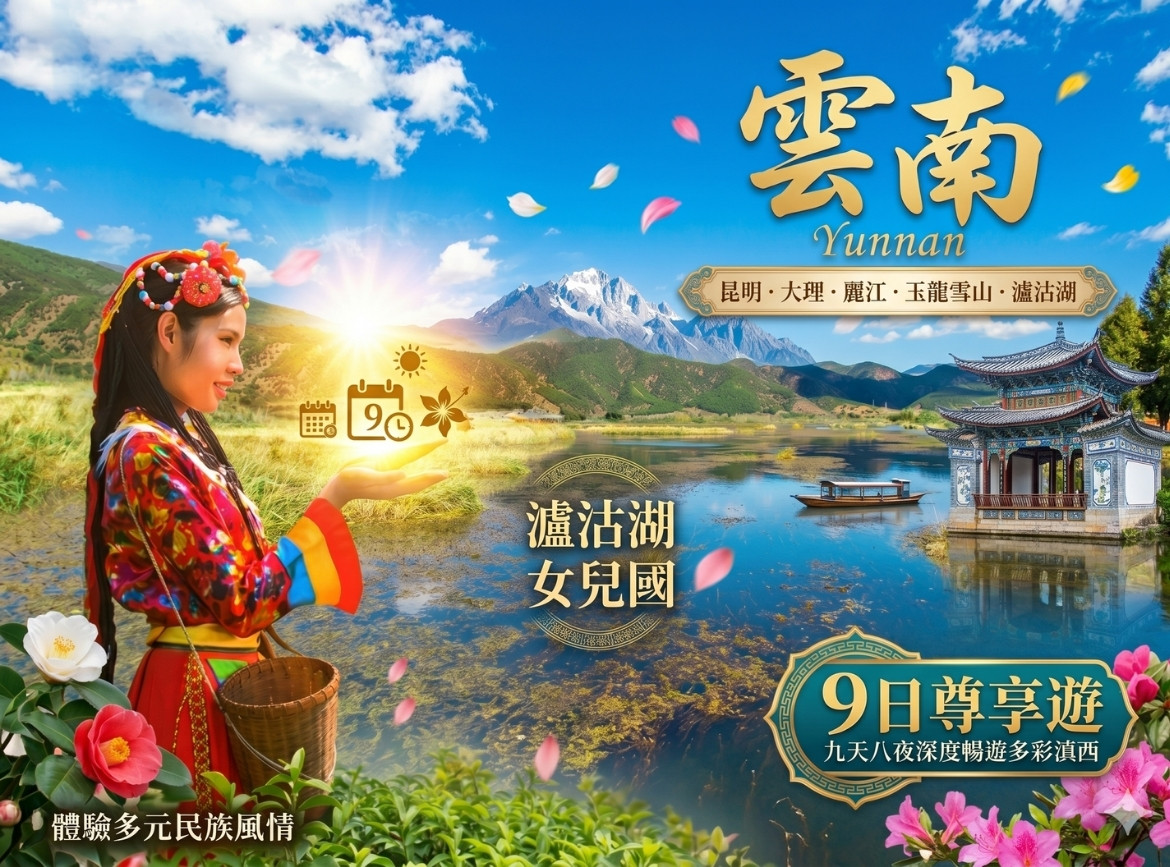 《素易遊》12/17【雲南昆大麗9日】絕美大理洱海．瀘沽湖女兒國．玉龍雪山 藍月谷 自由行｜無購物